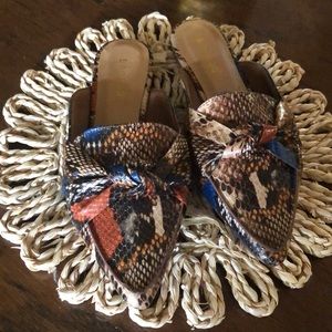 Bamboo womens mule snakeskin flats with orange brown blue Black and Tan colors!